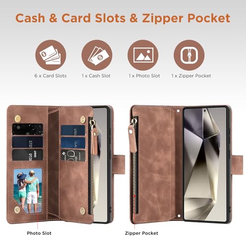 for Samsung Galaxy S24-Ultra-Wallet Case: with RFID Blocking Card Slots (6 Cards) | Soft PU Leather Magnetic Snap Zipper Pocket | Crossbody Wrist Strap Protective Phone Cover - Brown - color: A Brown, size: Galaxy S24 Ultra（6.8‘’）