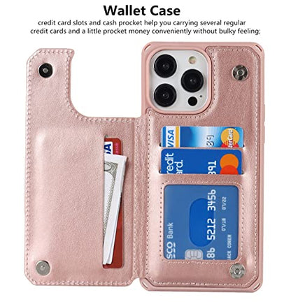 iCoverCase Compatible with iPhone 14 Pro Max Wallet Phone Case with Card Holder for Women, RFID Blocking Embossed PU Leather Wrist Strap Case 6.7 Inch (Macaron Rose Gold) - color: P-Rose Gold