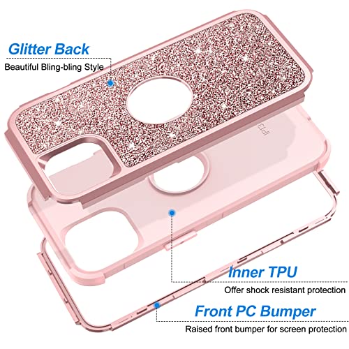 Hython Case for iPhone 13 Case Glitter, Cute Sparkly Shiny Bling Sparkle Cover, Heavy Duty 3 in 1 Hybrid Hard PC Soft TPU Bumper Full Body Shockproof Protective Phone Cases for Women Girls, Rose Gold - color: Rose Gold