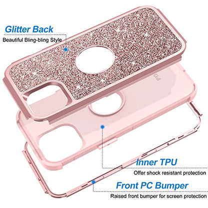 Hython Case for iPhone 13 Case Glitter, Cute Sparkly Shiny Bling Sparkle Cover, Heavy Duty 3 in 1 Hybrid Hard PC Soft TPU Bumper Full Body Shockproof Protective Phone Cases for Women Girls, Rose Gold - color: Rose Gold