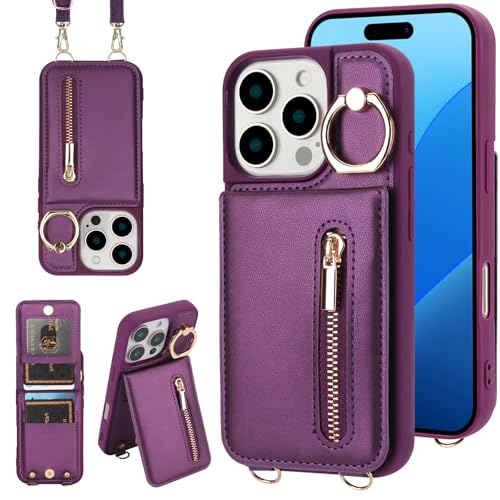 Crossbody Wallet Case for iPhone 12 Pro Max, with Card Slots Zipper Pocket Case, Flip Folio Purse RFID Blocking with Ring Kickstand Detachable Strap-Lavender - color: Lavender, size: iPhone 12 Pro Max(6.7")