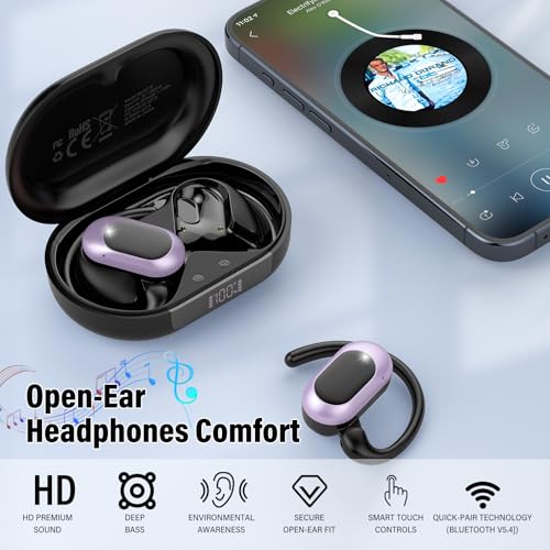 Open Ear Headphones, NEW Over Ear Earbuds with 4 ENC Noise-Canceling Mic - color: Black Purple