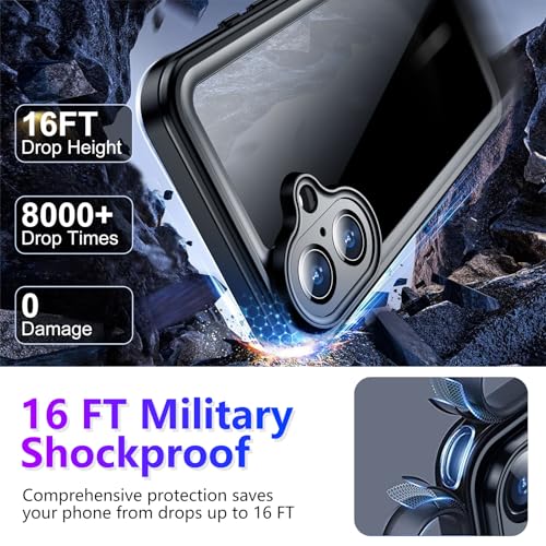Compatible with iPhone 16 Case Waterproof, Built-in Screen & Camera Protector IP68 Underwater Full Body 16FT Military Dropproof Shockproof Phone Case 6.1"-Black/Clear - color: Black, size: iPhone 16