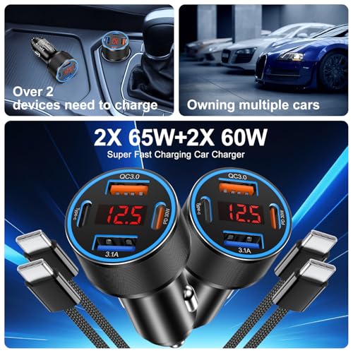 USB C Car Charger for iPhone 17, 65W 4-Port Voltmeter Car Charger Adapter - color: Black