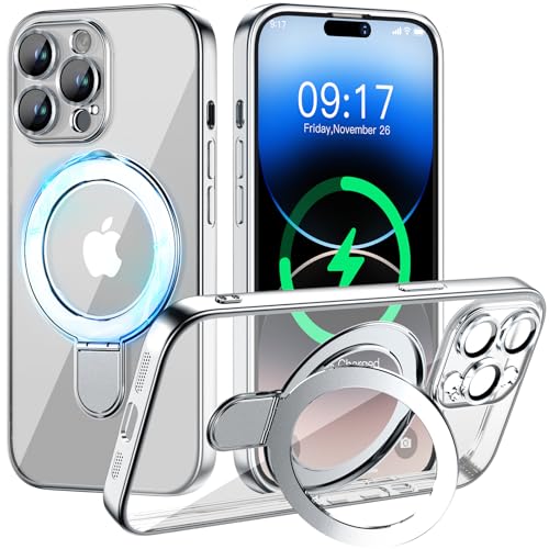 Magnetic for iPhone 14 Pro Case with Invisible Stand[Compatible with MagSafe][Full Camera Lens Protector][Military Drop Protection] Shockproof Not Yellowing Clear Slim Soft for Women Men - color: Silver, size: iPhone 14 Pro