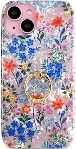Qokey Cover for iPhone 13/14 6.1 Inch, Clear Glitter Flower for Women Girls with 360 Degree Rotating Ring Kickstand, Soft TPU Shockproof Non-Yellowing Case, Powder Blue Floral - color: Powder Blue