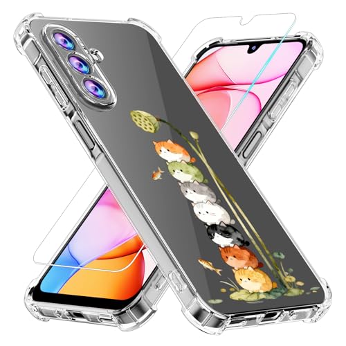 Phone Case for Samsung Galaxy A17 5G Case, Samsung A17 5G Case with Tempered Glass Screen Protector, Soft Flexible TPU Slim Fit Shockproof Phone Cover for Women Men Girl Boy (Clear-Cat) - color: Clear-Cat