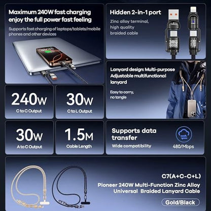 4-in-1 Charging Lanyard,1.5m/4.9ft Adjustable Crossbody Strap with 240W Fast Charging Data Sync for iPhone,Android - color: Gold