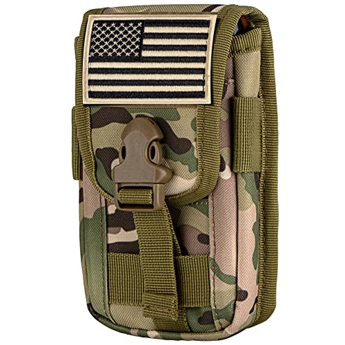 Tactical Phone Holster Pouch, Smartphone Pouch Phone Case Molle Gadget Bag Molle Attachment Belt Holder Waist Bag for 4.7"-6.9" with US Flag Patch for iPhone 17 Pro/16 Pro/15 Pro - color: Camo