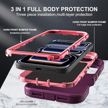 YKHJKLEC for iPhone 17 Pro Case, Military Grade 3 in 1 Heavy Duty Shockproof/Drop Proof/Dust Proof Case with 2Pcs Tempered Glass Screen Protector (Purple/Pink) - color: Purple/Pink