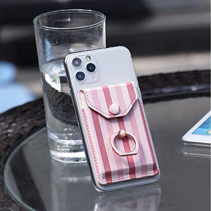 Self Adhesive Phone Card Wallet with Ring Stand Flip Cover, Pink Striped - color: Pink Striped