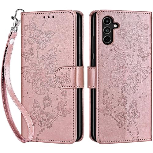 for Samsung Galaxy A15 5G Wallet case, Rose Gold-Butterfly | 3 Card Holders, Kickstand, Shockproof TPU Shell, PU Leather, Magnetic Closure, Protective Flip Folio Cover, Women - color: 6