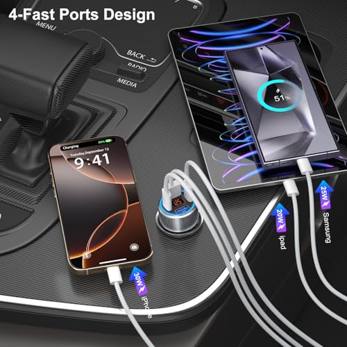 USB C Car Charger, 65W 4-Port 12V USB Car Power Cigarette Lighter Adapter - color: Gray, size: 2-Pack