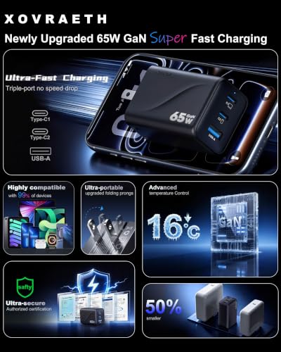 Super Fast 65W GaN USB-C 3-Port Foldable Charger for Samsung S26 Ultra/S26/S26+/S25 Ultra/S25/S24 Ultra/S24/S23 Ultra/S22 Ultra, iPhone 17/16/15/14/13/12, MacBook Pro/Air & iPad Pro - color: 4Black S