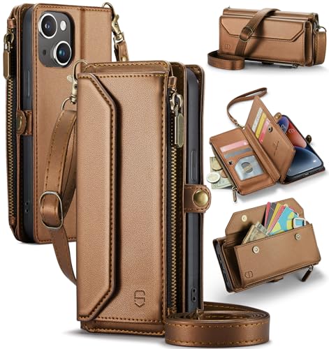 Strapurs Wallet Case Compatible with iPhone 13 RFID Blocking 7-Card Holder Soft PU Leather Magnetic Snap Shoulder Strap Zipper Pocket Phone Case Fit for iPhone 13 for Women 6.1" - Brown | RFID Blocking 7-Card Holder, Shoulder Lanyard, Wirst Strap, Zipper