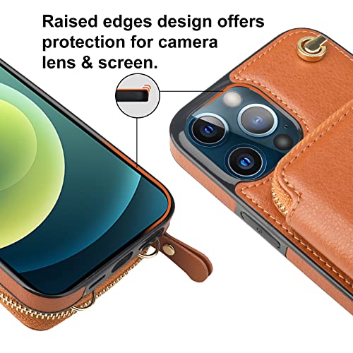 Bocasal Multi-Slot Crossbody Wallet Case for iPhone 12 Pro Max, Brown | RFID Blocking PU Leather Purse Case with Card Holder, Handbag Flip Cover with Zipper Wrist Strap Lanyard for Women 6.7 Inch - color: Brown
