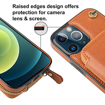 Bocasal Multi-Slot Crossbody Wallet Case for iPhone 12 Pro Max, Brown | RFID Blocking PU Leather Purse Case with Card Holder, Handbag Flip Cover with Zipper Wrist Strap Lanyard for Women 6.7 Inch - color: Brown