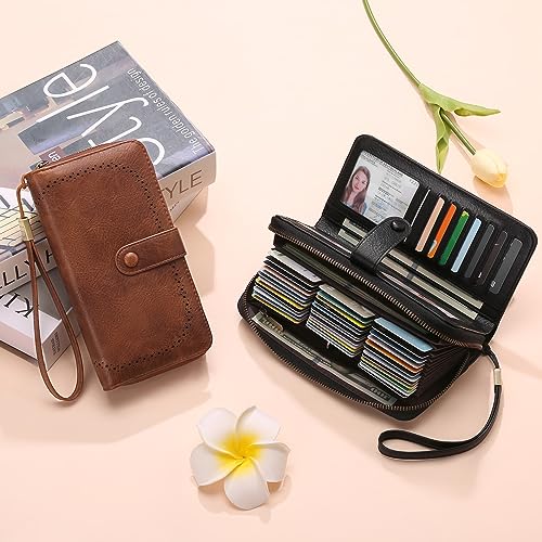 GAEKEAO Leather Credit Card Holder Wallet for Women RFID Blocking Large Capacity Bifold Zipper Card Case Organizer with Wristlet 45 Slots - color: Brown