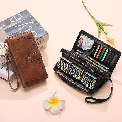 GAEKEAO Leather Credit Card Holder Wallet for Women RFID Blocking Large Capacity Bifold Zipper Card Case Organizer with Wristlet 45 Slots - color: Brown