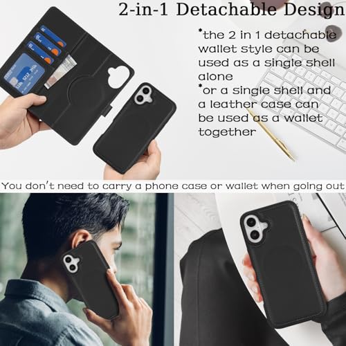 Ｈａｖａｙａ for iPhone 16 Case Detachable Wallet Case with Card Holder，2 in 1 Pu Leather Flip Folio Credit Card Slots Stand Compatible Magsafe Magnetic Shockproof Phone Cover (6.1")-Black - color: Black-Detachable