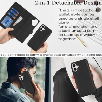 Ｈａｖａｙａ for iPhone 16 Case Detachable Wallet Case with Card Holder，2 in 1 Pu Leather Flip Folio Credit Card Slots Stand Compatible Magsafe Magnetic Shockproof Phone Cover (6.1")-Black - color: Black-Detachable