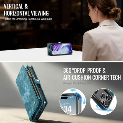 Compatible with iPhone 17 Pro Wallet Case with Magsafe,Blue | Magnetic Detachable Case,Card Holder,Zipper Pocket,Strap Wristlet, Soft Leather Drop-Proof Phone Case for iPhone 17 Pro 6.3" - color: (Detachable and Magsafe)-Blue, size: iPhone 17 Pro 6.3 Inch