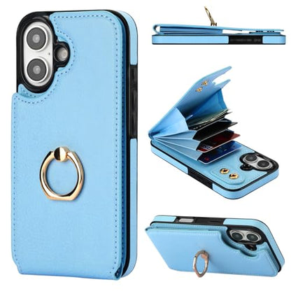 Folosu Compatible with iPhone 16 Case Wallet with Card Holder, 360°Rotation Finger Ring Holder Kickstand, RFID Blocking Leather Protective Double Buttons Shockproof Cover 6.1 Inch Blue - color: Blue