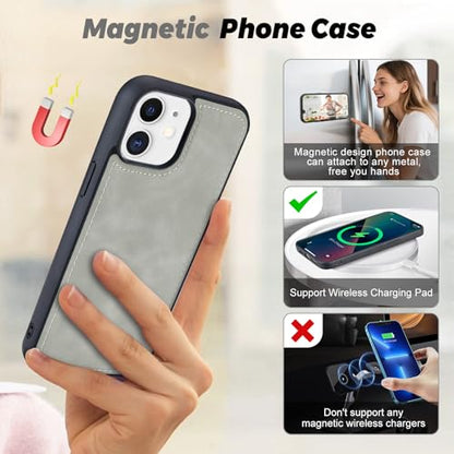 TwoHead for iPhone 11 Wallet case with 11 Card Holder (Gray) | Detachable Magnetic Phone Case, PU Leather Wallet for Women/Men,Wireless Charging Compatible,with Wrist Strap - color: Gray