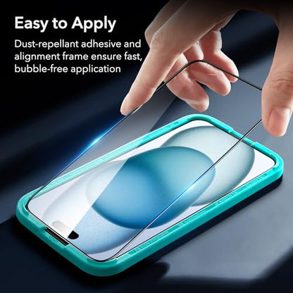 ESR 3+1 Pack for iPhone 15 Plus Screen Protector, [9H Hardness] [Military Grade Shatterproof] Full Coverage Ultra-tough Tempered Glass Film with Easy Installation Frame, 1 Set of Camera Lens Protector