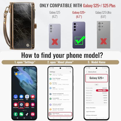 Defencase for Samsung Galaxy S25+/Plus Wallet Case with Card Holder, Coffee | with RFID Blocking Zipper Pocket, Durable PU Leather, Wrist Strap, S25 Plus Flip Phone Cases Cover with Stand for Women Men - color: Coffee
