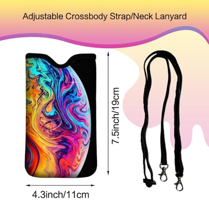 Men Women Neoprene Cell Phone Sleeve Pouch Case Bag with Crossbody Strap/Neck Lanyard 7.5 X 4.3 in (Colorful Earth Pattern) - color: Colorful Earth Pattern