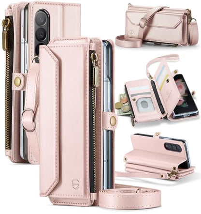 Strapurs Crossbody Wallet Case Compatible with Samsung Galaxy Z Fold 3 with RFID Blocking Card Holder & Pen Holder Slot Soft PU Leather Shoulder Strap Zipper Pocket Purse Fold 3 Phone Case, Rose Gold | RFID Blocking 5-Card Holder, Shoulder Lanyard, Wirst