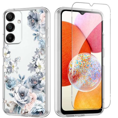 Flower Phone Case Floral for Samsung Galaxy A14 5G 6,6'' with Screen Protector, Clear Transparent Phone Cover Slim Soft Shockproof Anti-Scratch Drop Protection Funda for Girls Women, 05 - color: Flower 05, size: Samsung Galaxy A14 5G