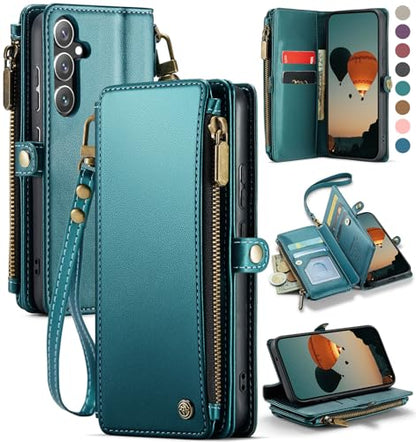 Defencase for Samsung Galaxy S25 Wallet Case with RFID Card Holder, Green | Durable Soft PU Leather, with Zipper Pocket, Wrist Strap, Fashion Snap Flip S25 Phone Cases Cover with Stand for Women Men - color: Blue Green