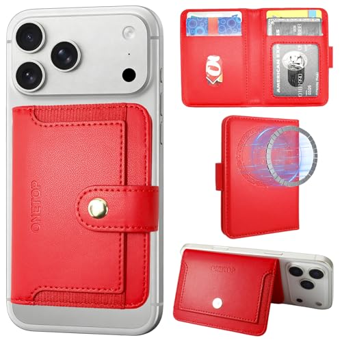 ONETOP for MagSafe Wallet,Magnetic Phone Wallet with 5 Card Slots,Red | 1-12 Cards/Cash Holder for iPhone 17/16/15/14/13/12 Series,Detachable Wallet Stick-On Back,PU Leather RFID Blocking Kickstand - color: Red