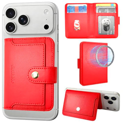 ONETOP for MagSafe Wallet,Magnetic Phone Wallet with 5 Card Slots,Red | 1-12 Cards/Cash Holder for iPhone 17/16/15/14/13/12 Series,Detachable Wallet Stick-On Back,PU Leather RFID Blocking Kickstand - color: Red