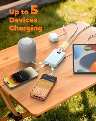 Portable Charger 10000mAh Power Bank with 4 Built-in Cables,LED Display Compact and Battery Pack with Multiple USB Ports All-in-One Travel Charger for iPhone,Android and Other Devices-Sky Blue