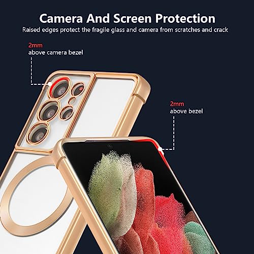 RALEAVO Magnetic Case for Samsung Galaxy S21 Ultra Clear Case Cover [Compatible with Magsafe & Military Grade Drop Protection] Transparent Shockproof Slim Plated Phone Case - Gold - color: Gold, size: S21 Ultra
