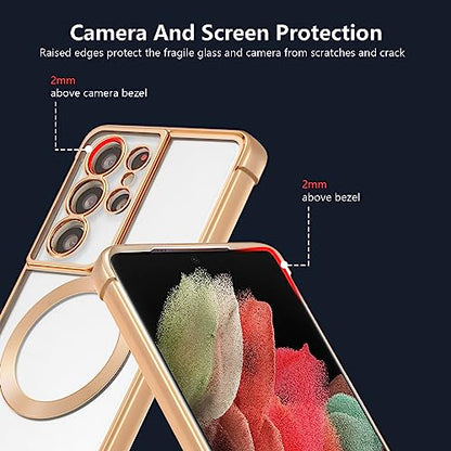 RALEAVO Magnetic Case for Samsung Galaxy S21 Ultra Clear Case Cover [Compatible with Magsafe & Military Grade Drop Protection] Transparent Shockproof Slim Plated Phone Case - Gold - color: Gold, size: S21 Ultra