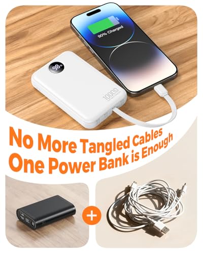 Portable Charger 10000mAh with 4 Built-in Cables 40% Smaller - color: Ivory