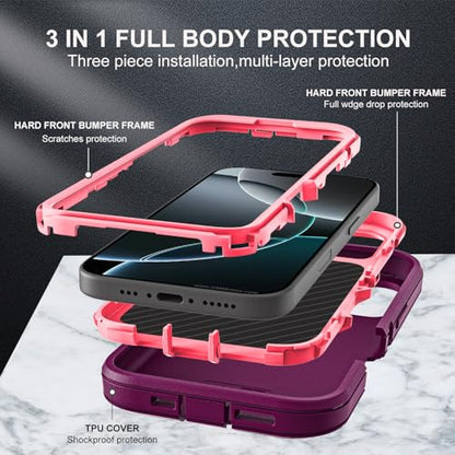 YKHJKLEC for iPhone 16 Pro Case, Military Grade 3 in 1 Heavy Duty Shockproof/Drop Proof/Dust Proof Case with 2Pcs Tempered Glass Screen Protector (Purple/Pink) - color: Purple/Pink
