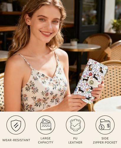 GIANCOMICS Dachshunds Dog Women Wallet RFID, Cute Credit Card Holder Bifold | Billfold, Cute Cash Purse, Travel Zipper Coin Pocket, Compact Clutch, PU Leather, ID Window, 11 Card Slots, Ladies Gift Woman - color: Dachshunds Flowers