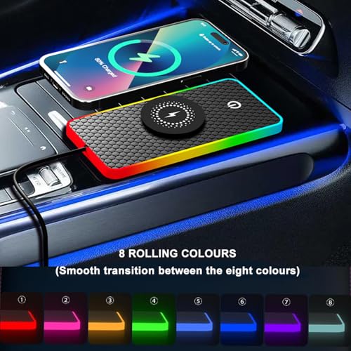 Car Wireless Charger Pad, 15W Fast Charging, RGB LED Atmosphere Light, Anti-Slip, Universal Qi Compatible with iPhone and Wireless Charging Phones, Black(USB-C) (USB-A) (USB Type C)