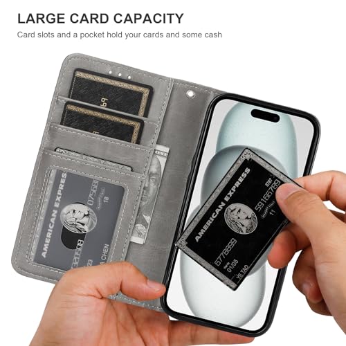 Bocasal Detachable Wallet Case Card Holder for iPhone 15, Grey | RFID Blocking Kickstand Card Slots Holder PU Leather Magnetic Shockproof Wrist Strap Removable Flip Protective Cover 6.1 inch - color: Gray