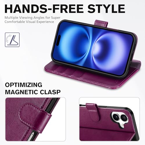 TUCCH Wallet Case for iPhone 16 (6.1") 2024, 4 Card Slots, Plum Purple | RFID Blocking, Viewing Stand, Shockproof TPU Shell, PU Leather, Magnetic Closure, Protective Folio Flip Cover - color: Plum Purple