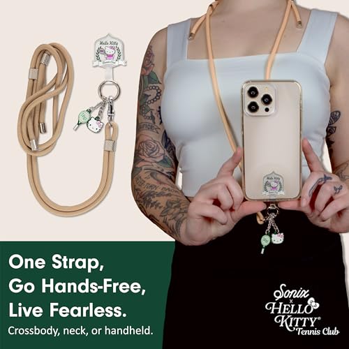 Sonix x Sanrio | Crossbody Phone Strap with Charms | Adjustable, Universal Cell Phone Rope Strap Lanyard | Beige Cord | Hello Kitty Tennis - color: Hello Kitty Tennis