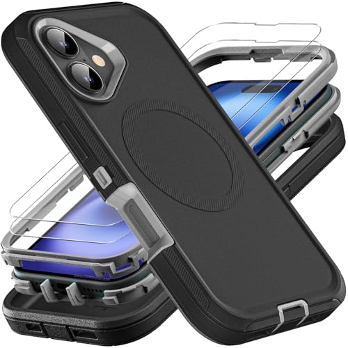 YKHJKLEC for iPhone 16 Case, Compatible with Magsafe, Military Grade 3 in 1 Heavy Duty Shockproof/Drop Proof/Dust Proof Case with 2Pcs Tempered Glass Screen Protector (New-Black/Grey) - color: New-Black/Grey