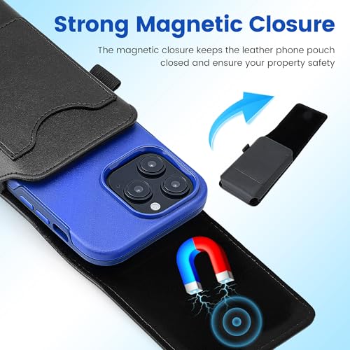 Mopaclle Vertical Phone Holster with Rotating Belt Clip, Compatible with iPhone 17 Pro, iPhone 16 15 14 13 12 Pro, Galaxy S25 S24 S23 S22 – Cell Phone Belt Holder for Men Women, Fits with Case On - color: 02 Leather -Black, size: M (6.29 x 2.9x 0.5 in)