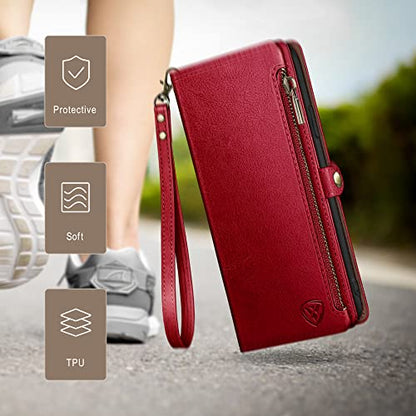 XcaseBar Compatible with ‌iPhone 16e 6.1"/17e 6.1" Wallet case with Zipper Credit Card Holder【RFID Blocking】,Flip Folio Book PU Leather Phone case Shockproof Cover Women Men for Apple 16e case Red - color: Red
