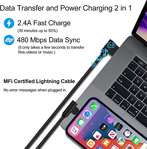 iPhone Charger 1ft MFi Certified Short 90 Degree Lightning Cable 2-Pack - color: Black